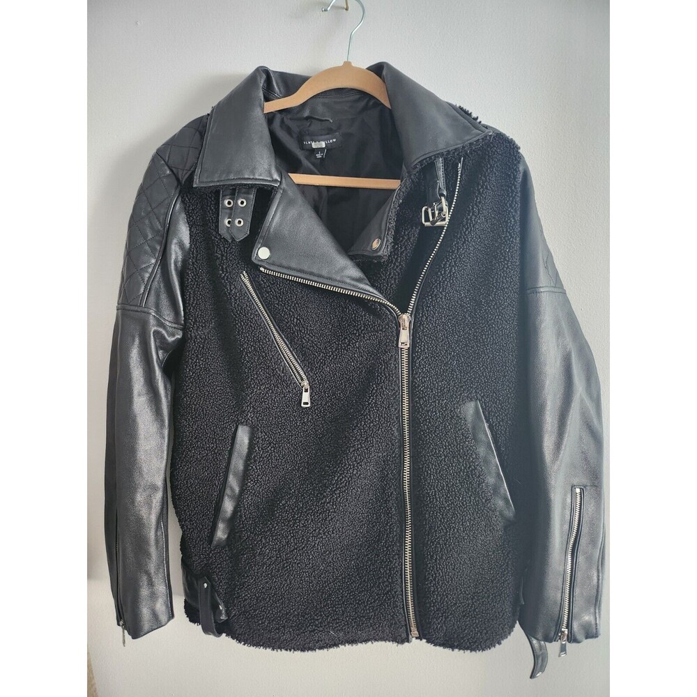 Slate & Willow Genuine Leather and Plush Bomber Jacket Black Size Large